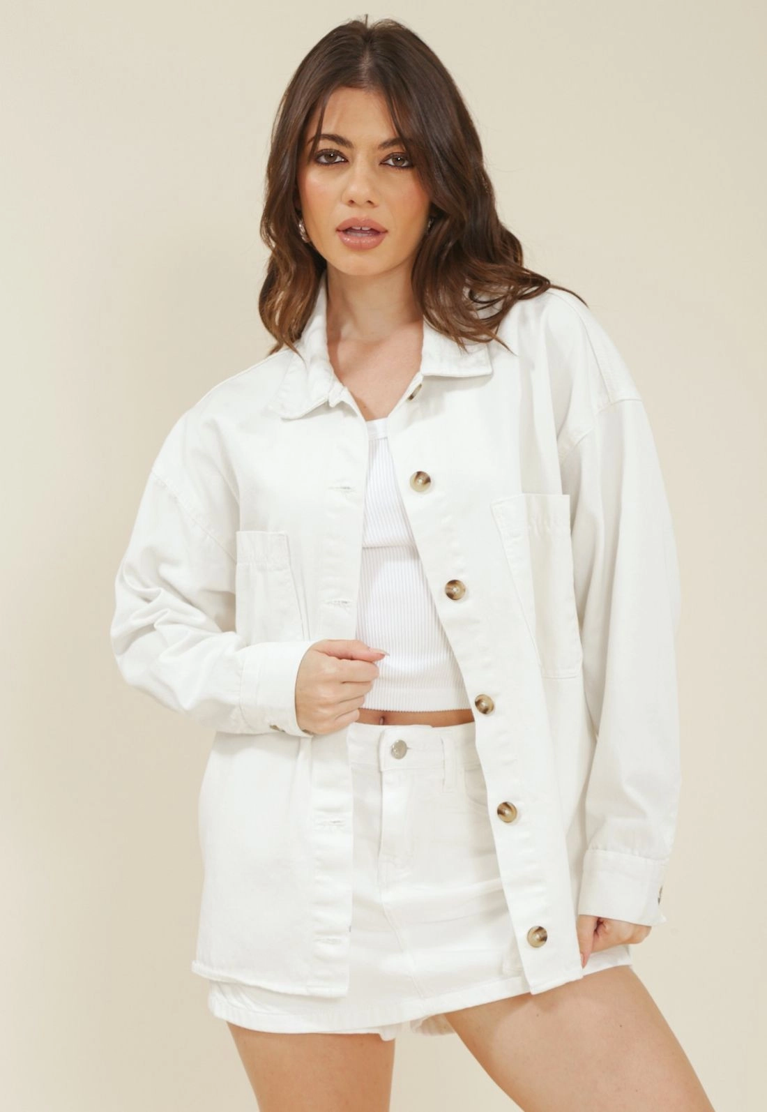 Camisa Sarja Manga Longa Oversized Bolso Frontal