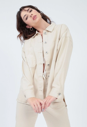 Camisa Sarja Manga Longa Oversize Bolso Bege
