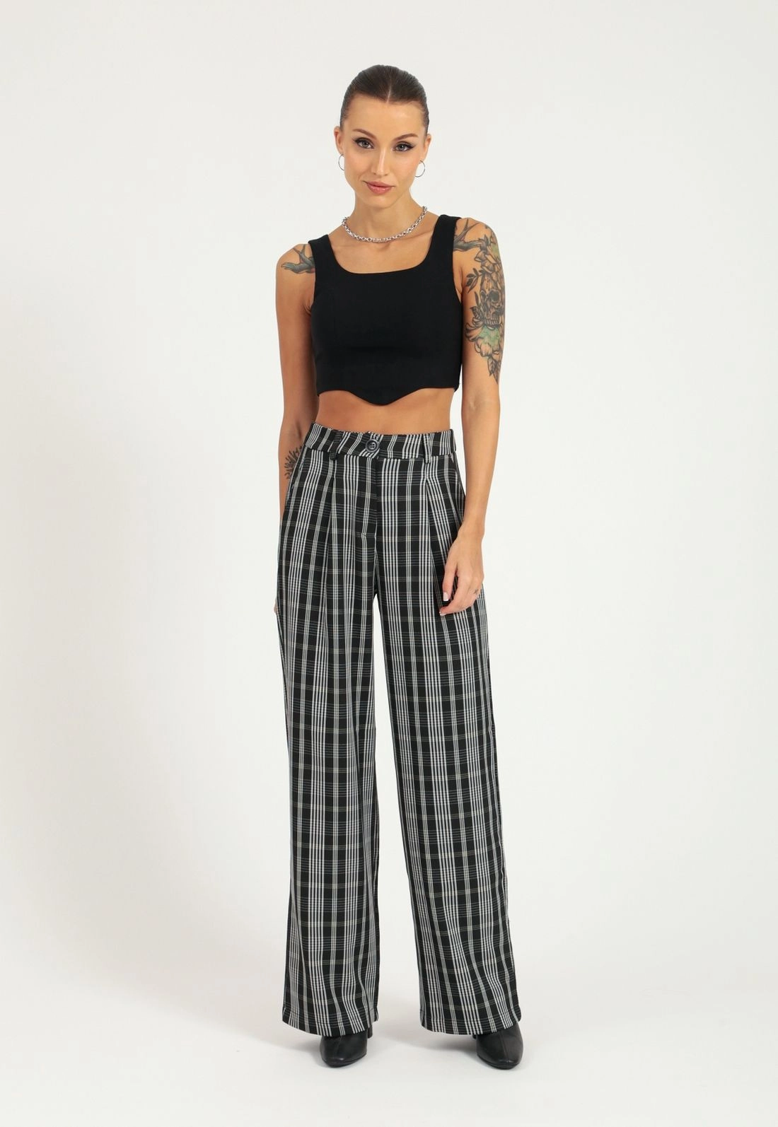 Calça Crepe Xadrez Wide Leg