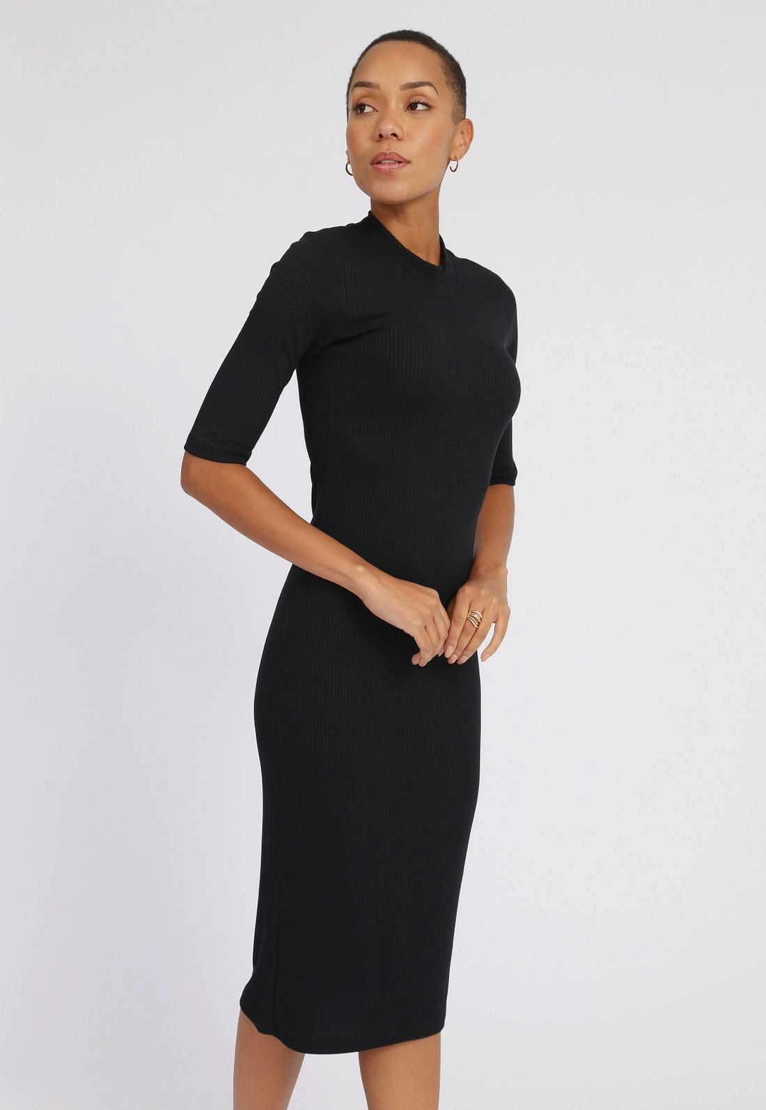 Vestido Ribana 3/4 Gola Alta Básico