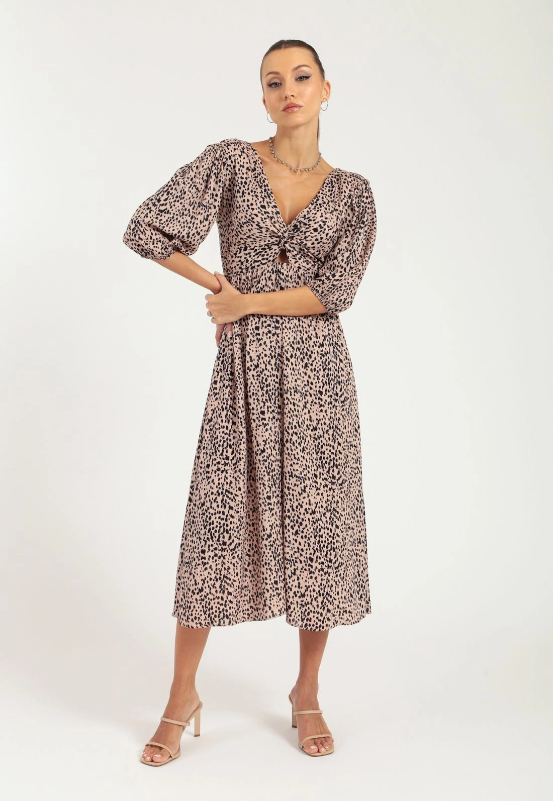 Vestido Viscose Midi Manga Curta Transpasse Animal Print