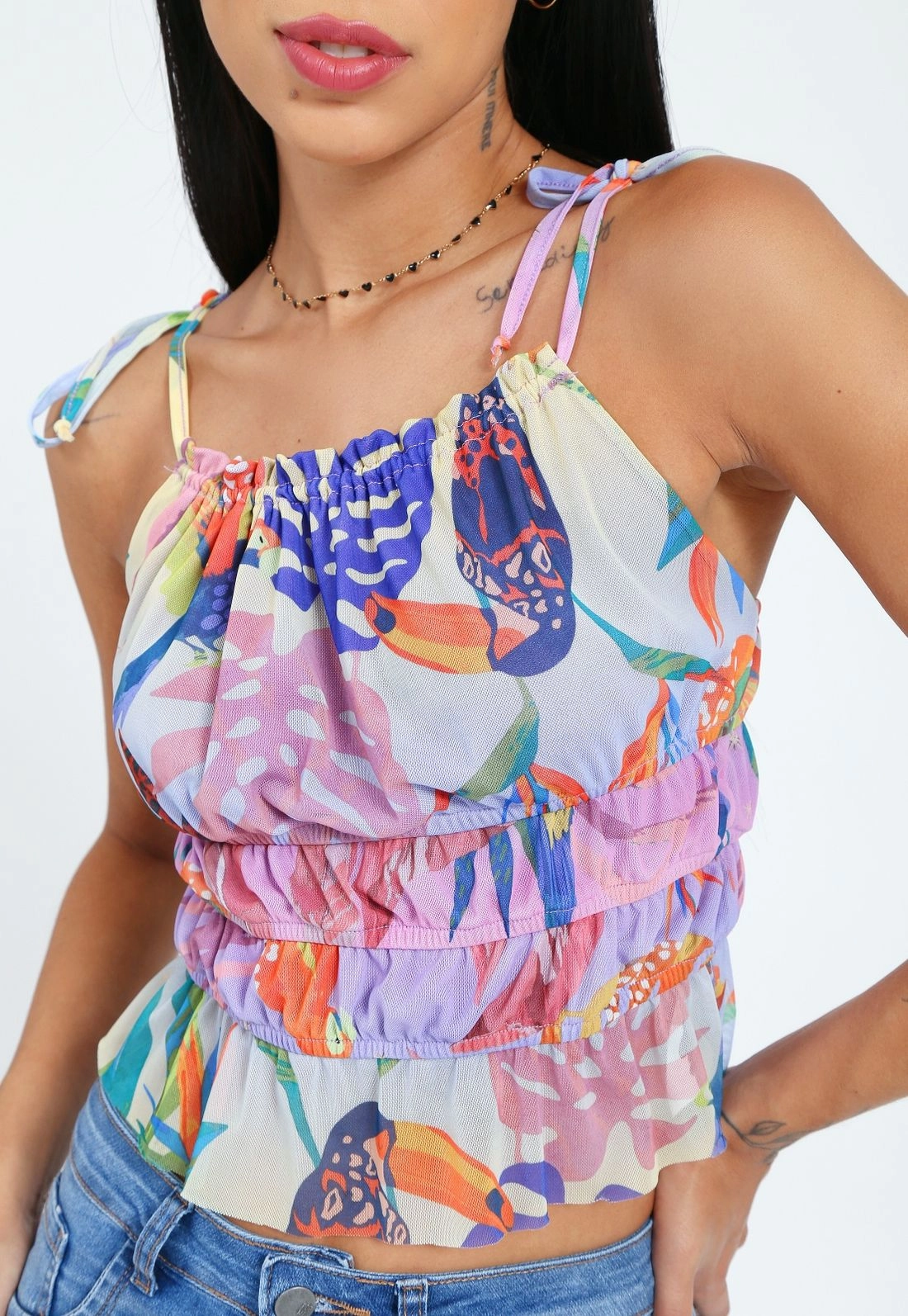 Blusa Tule Alça Elástico Cintura