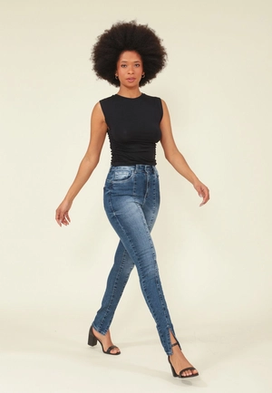 Calça Skinny Jeans Cintura Alta Recorte Frontal