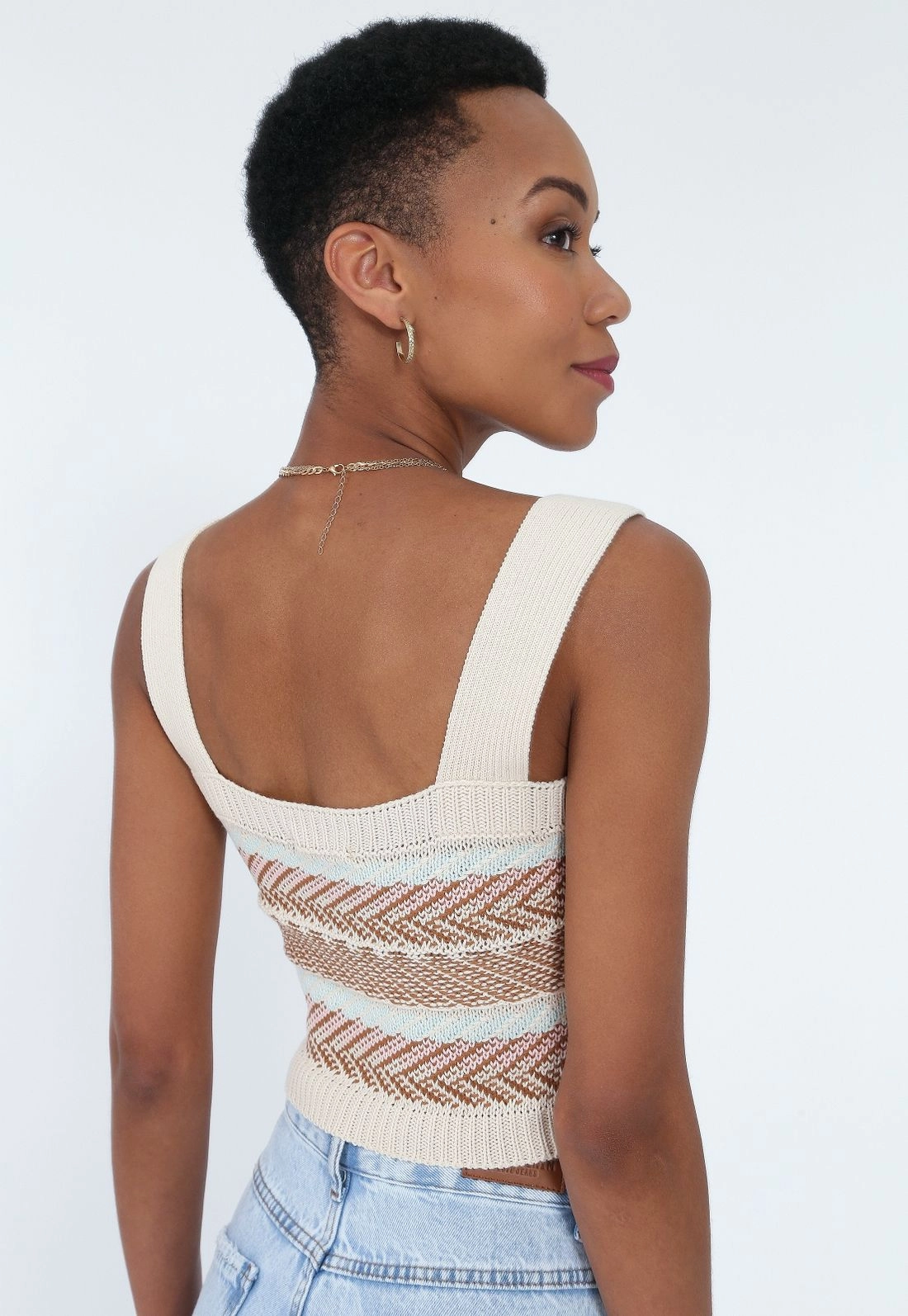 Cropped Tricô Alça Jaquard Zig Zag