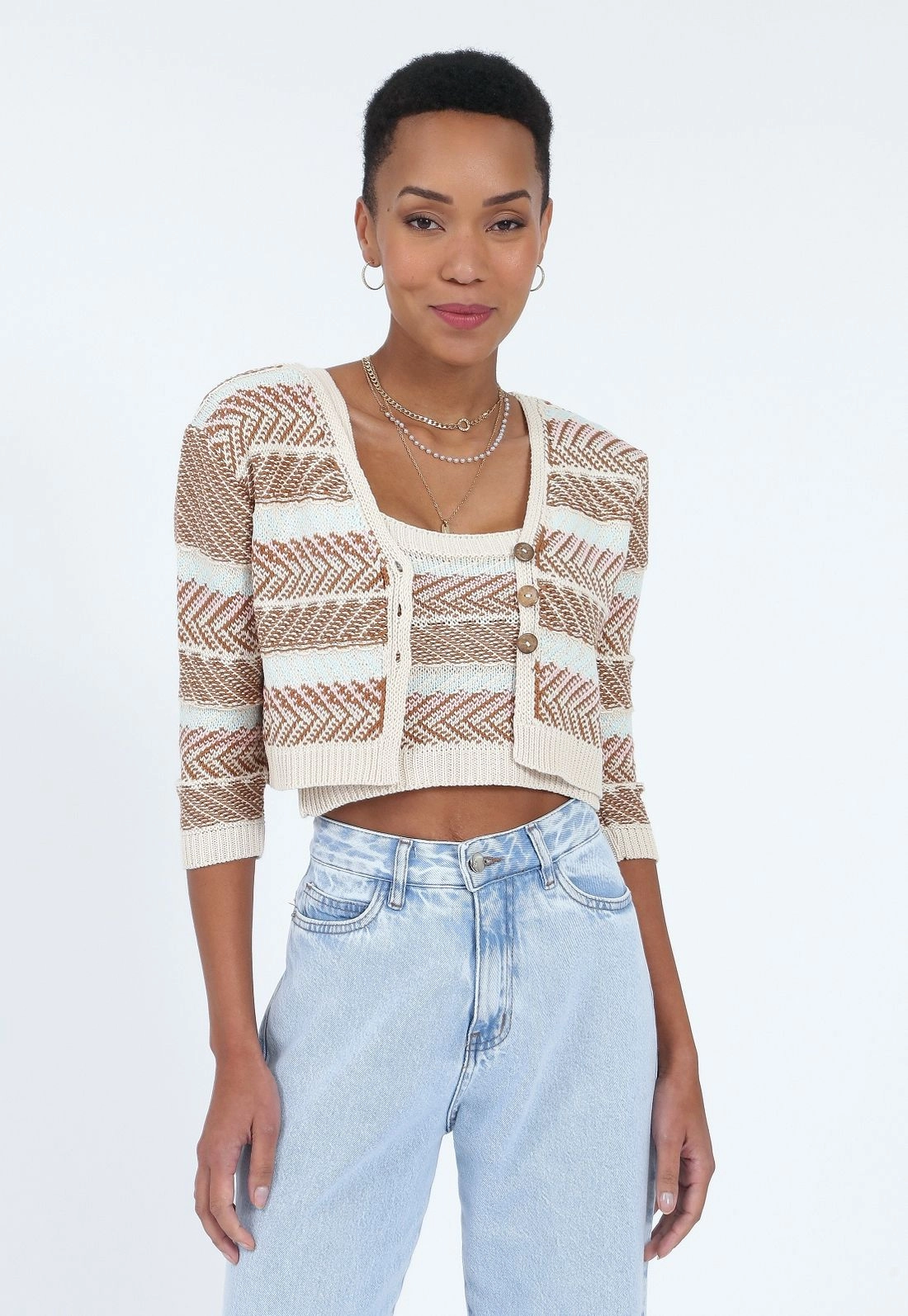 Cropped Tricô Alça Jaquard Zig Zag