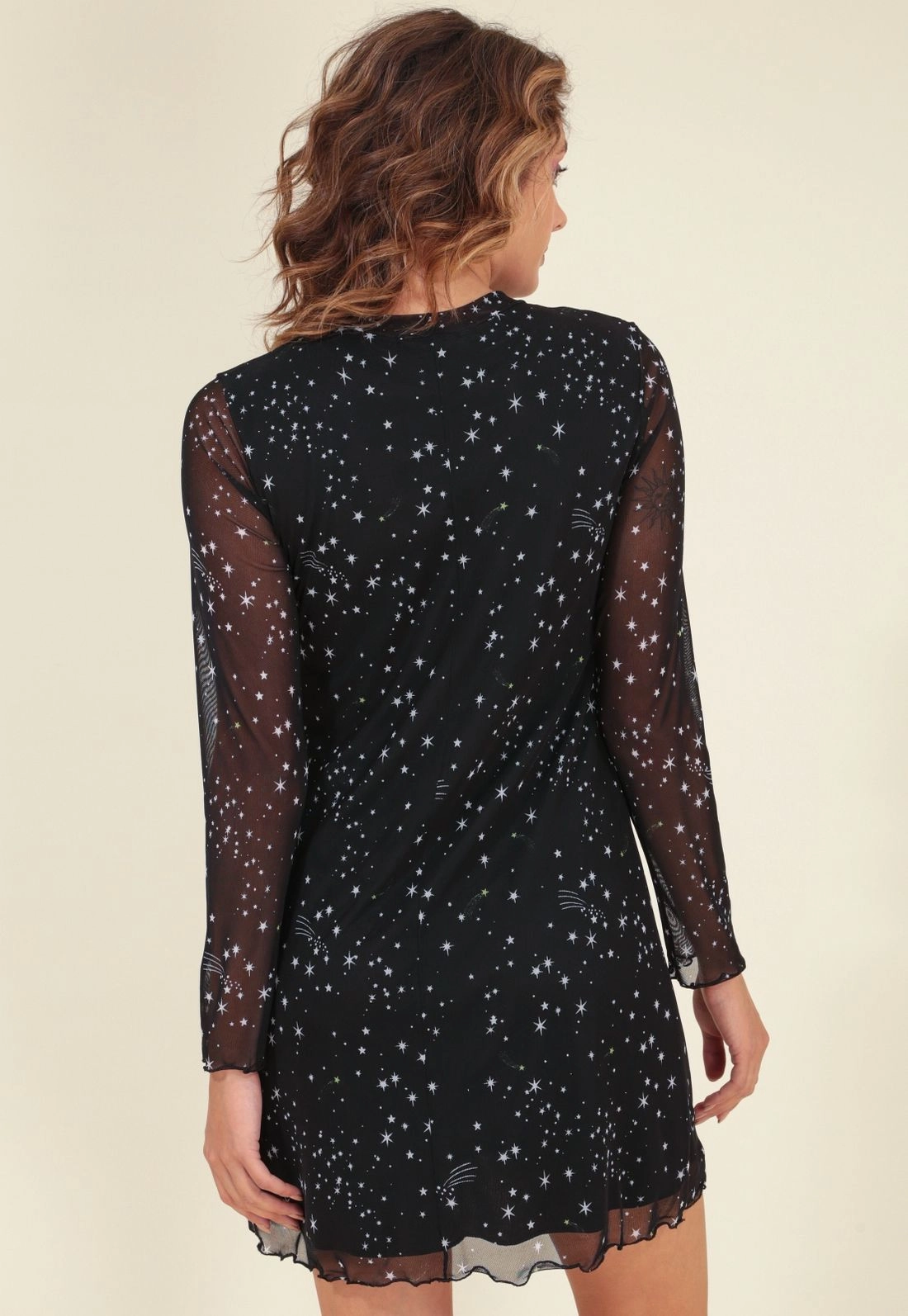 Vestido Curto Em Tule Manga Longa Estampa Estrelas