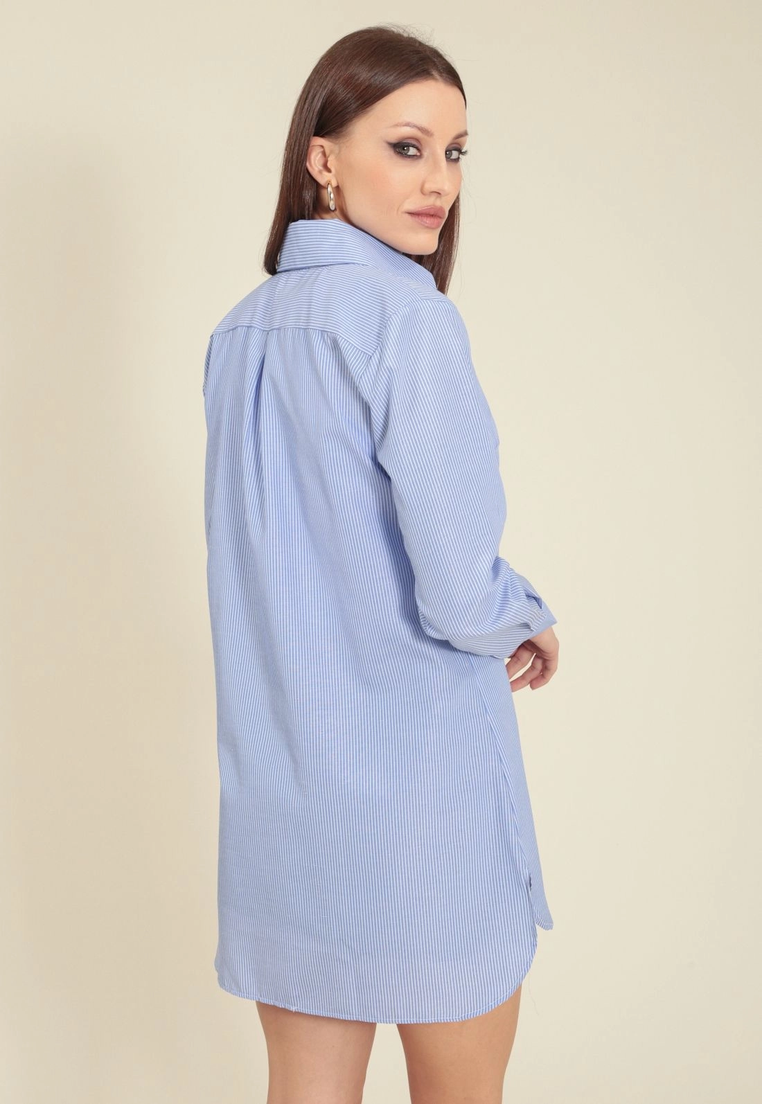 Camisa Alongada Em Tricoline Listrada Com Manga Longa
