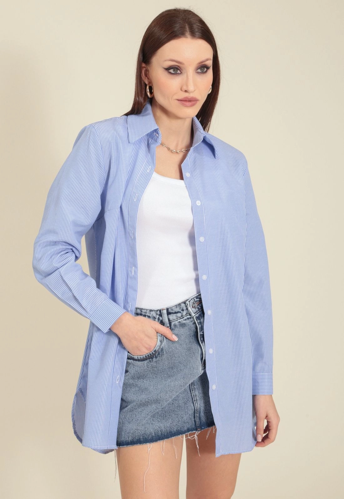 Camisa Alongada Em Tricoline Listrada Com Manga Longa