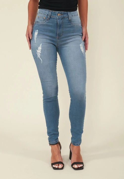 Calça Skinny Jeans Cintura Alta Puídos