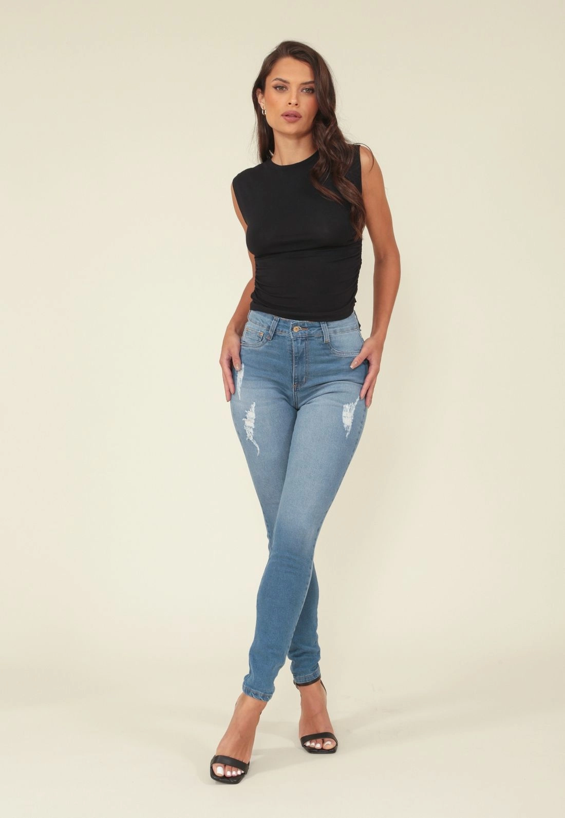 Calça Skinny Jeans Cintura Alta Puídos