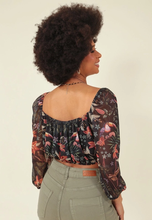 Cropped Tule Manga Longa Estampado