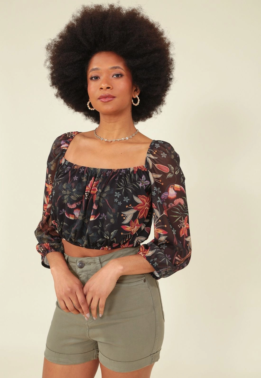 Cropped Tule Manga Longa Estampado