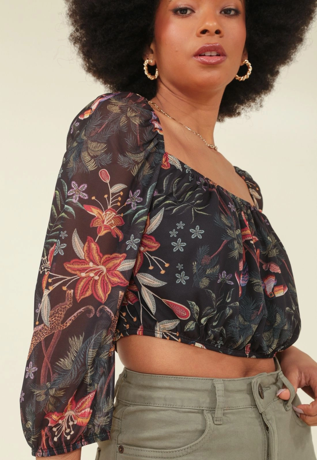 Cropped Tule Manga Longa Estampado