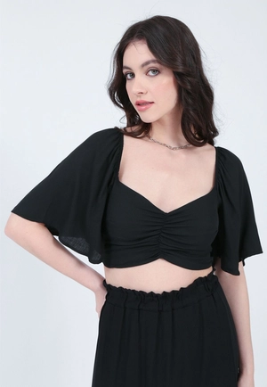 Cropped Viscose Manga Curta Franzida
