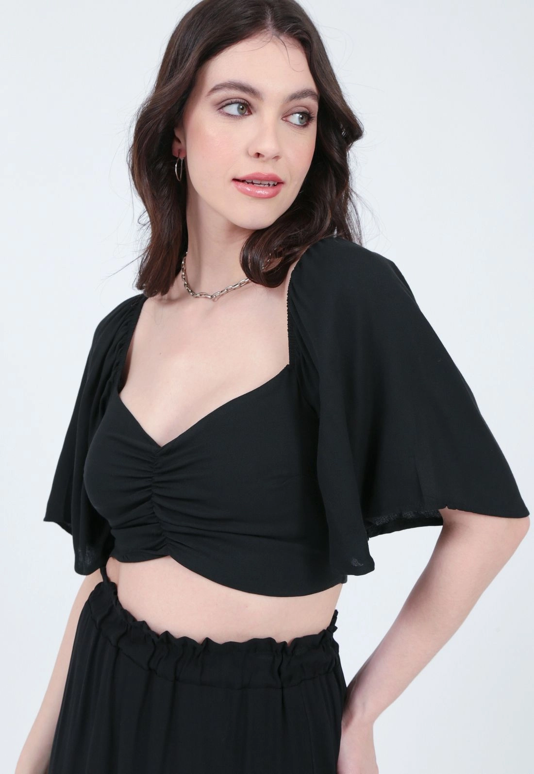 Cropped Viscose Manga Curta Franzida