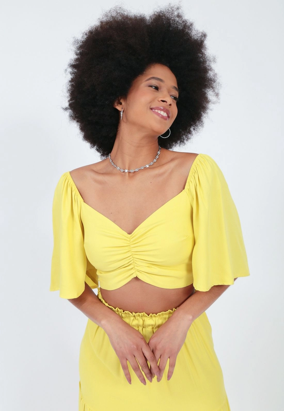 Cropped Viscose Manga Curta Franzida