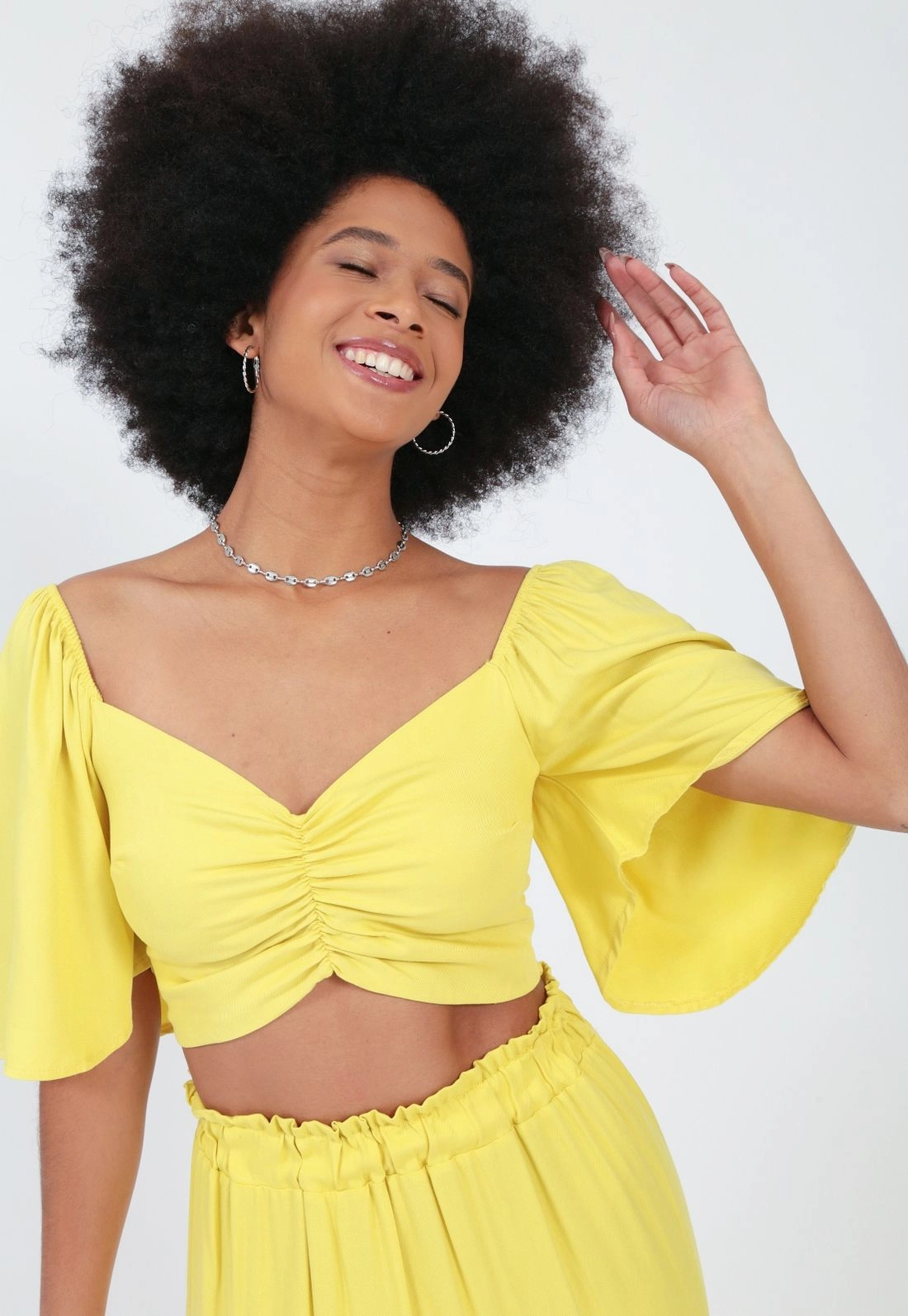Cropped Viscose Manga Curta Franzida