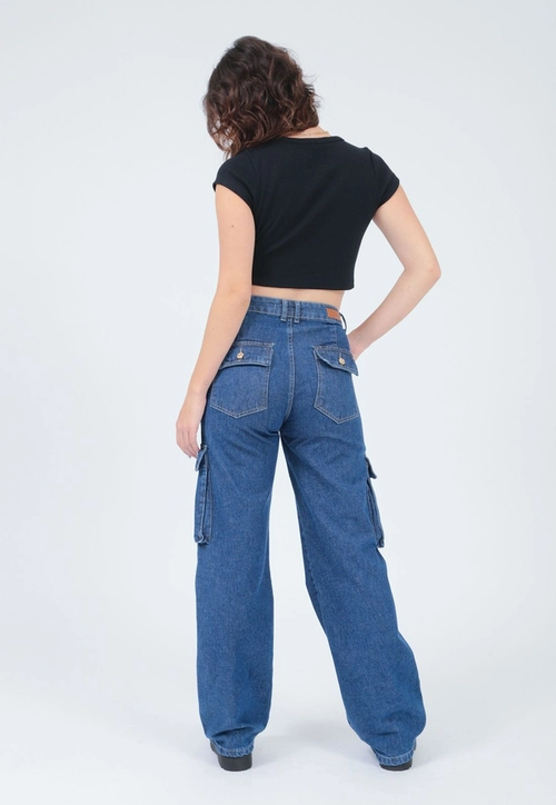 Calça Jeans Reta Bolso Cargo