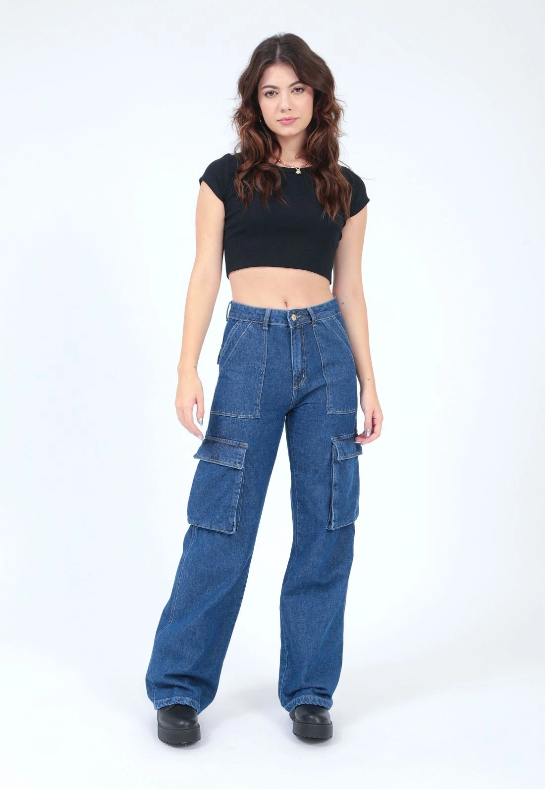 Calça Jeans Reta Bolso Cargo