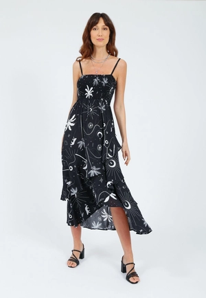 Vestido Viscose Alça Midi Babados Tropical