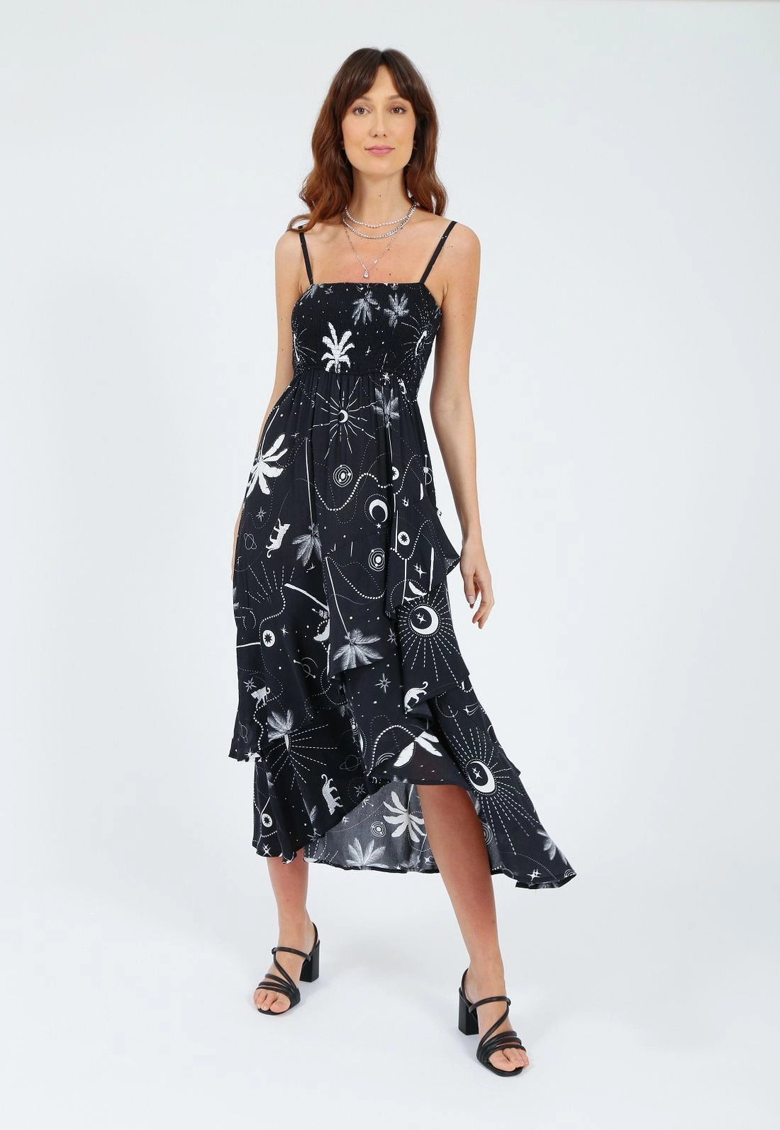 Vestido Viscose Alça Midi Babados Tropical