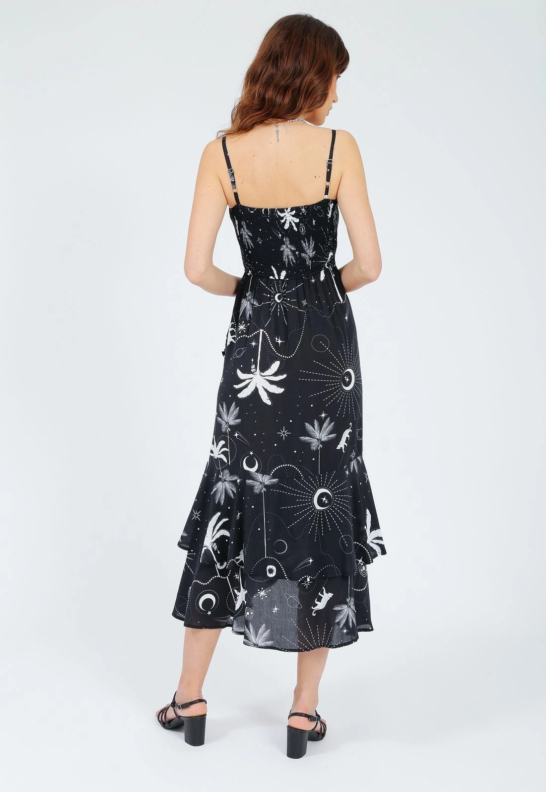 Vestido Viscose Alça Midi Babados Tropical