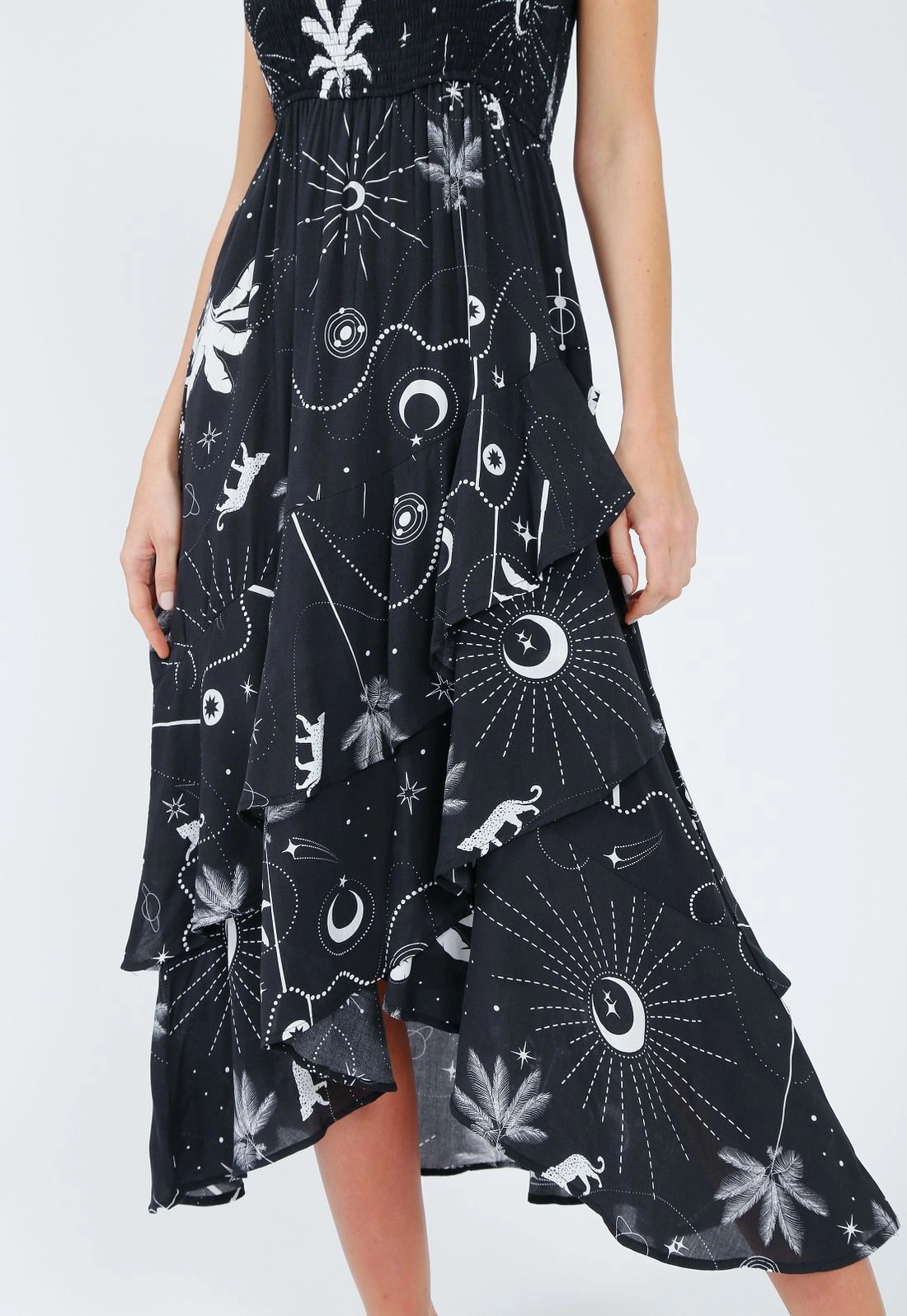 Vestido Viscose Alça Midi Babados Tropical