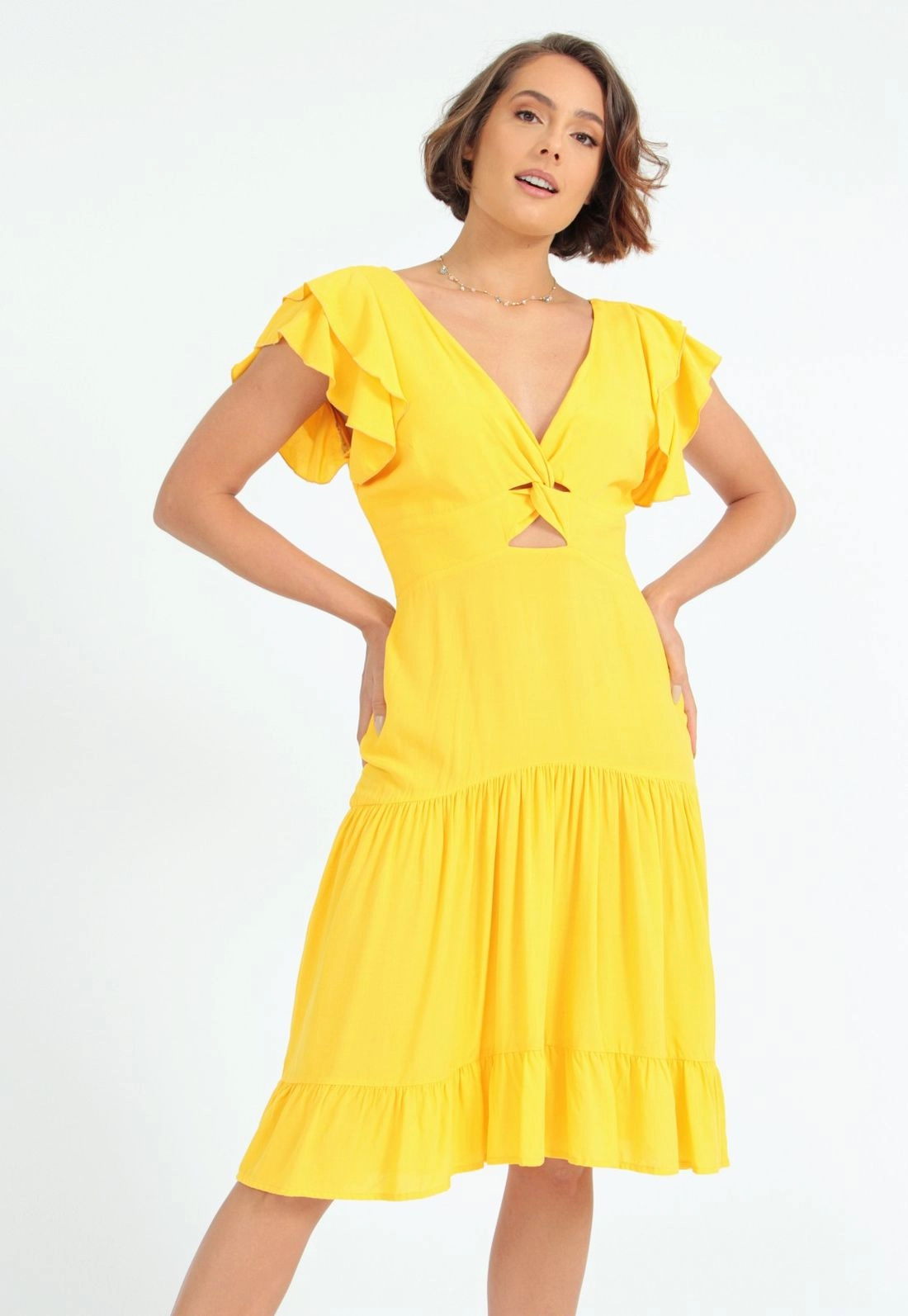 Vestido Manga Curta Babado