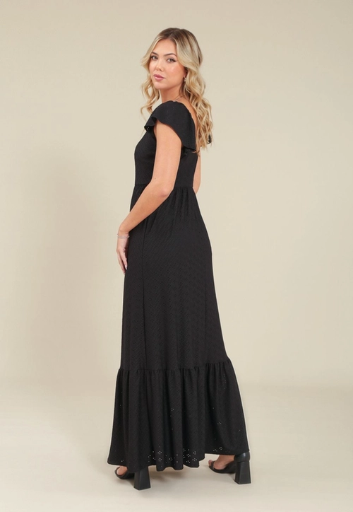 Vestido Midi Laise Recorte Manga Curta Babado