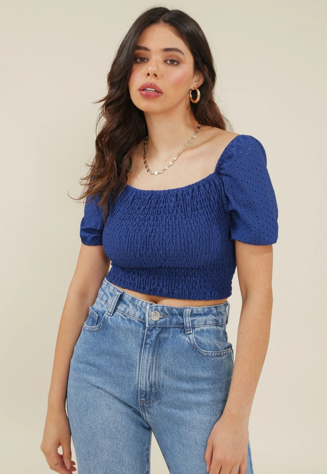 Blusa Malha Laise Lastex Manga Curta