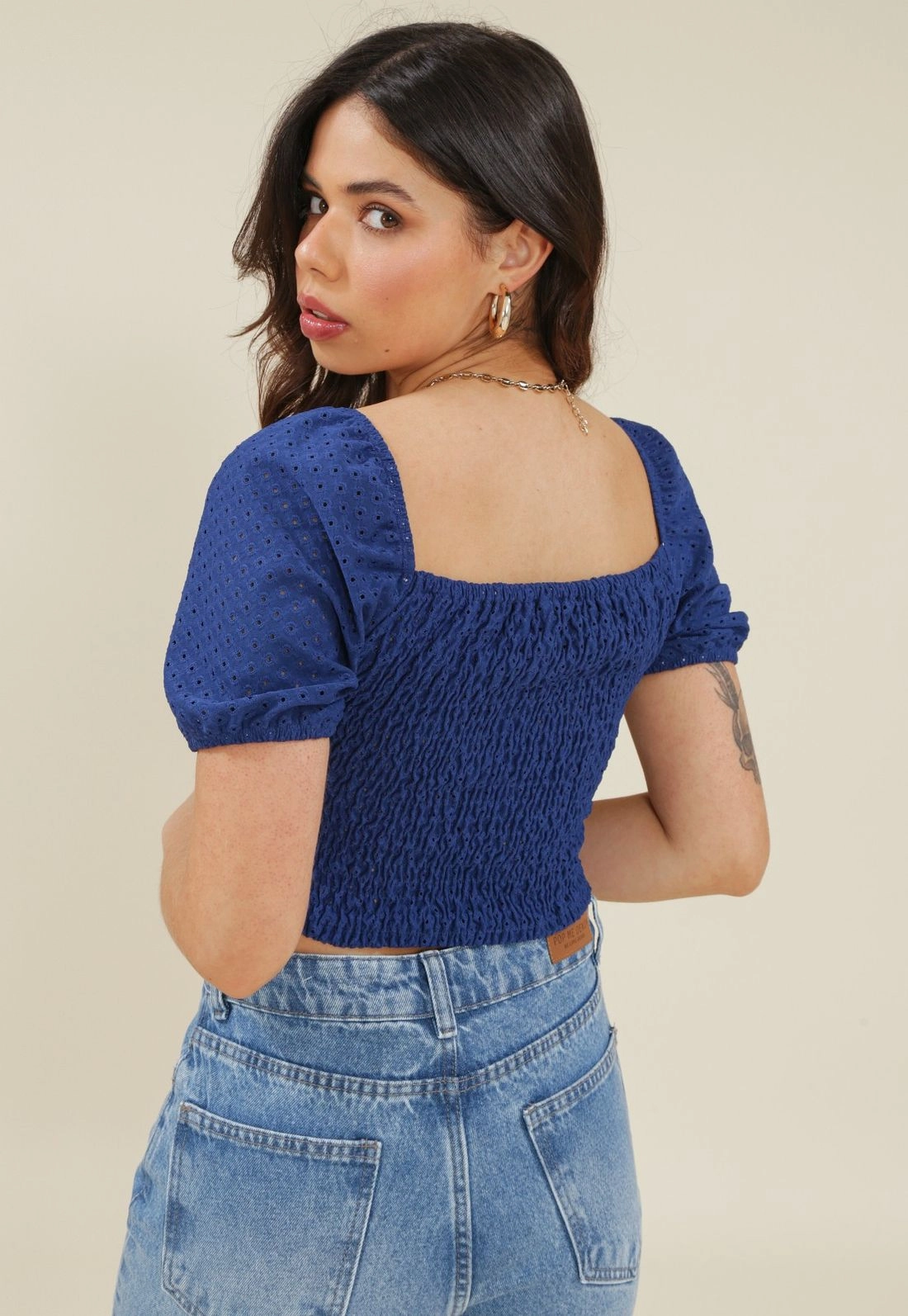 Blusa Malha Laise Lastex Manga Curta