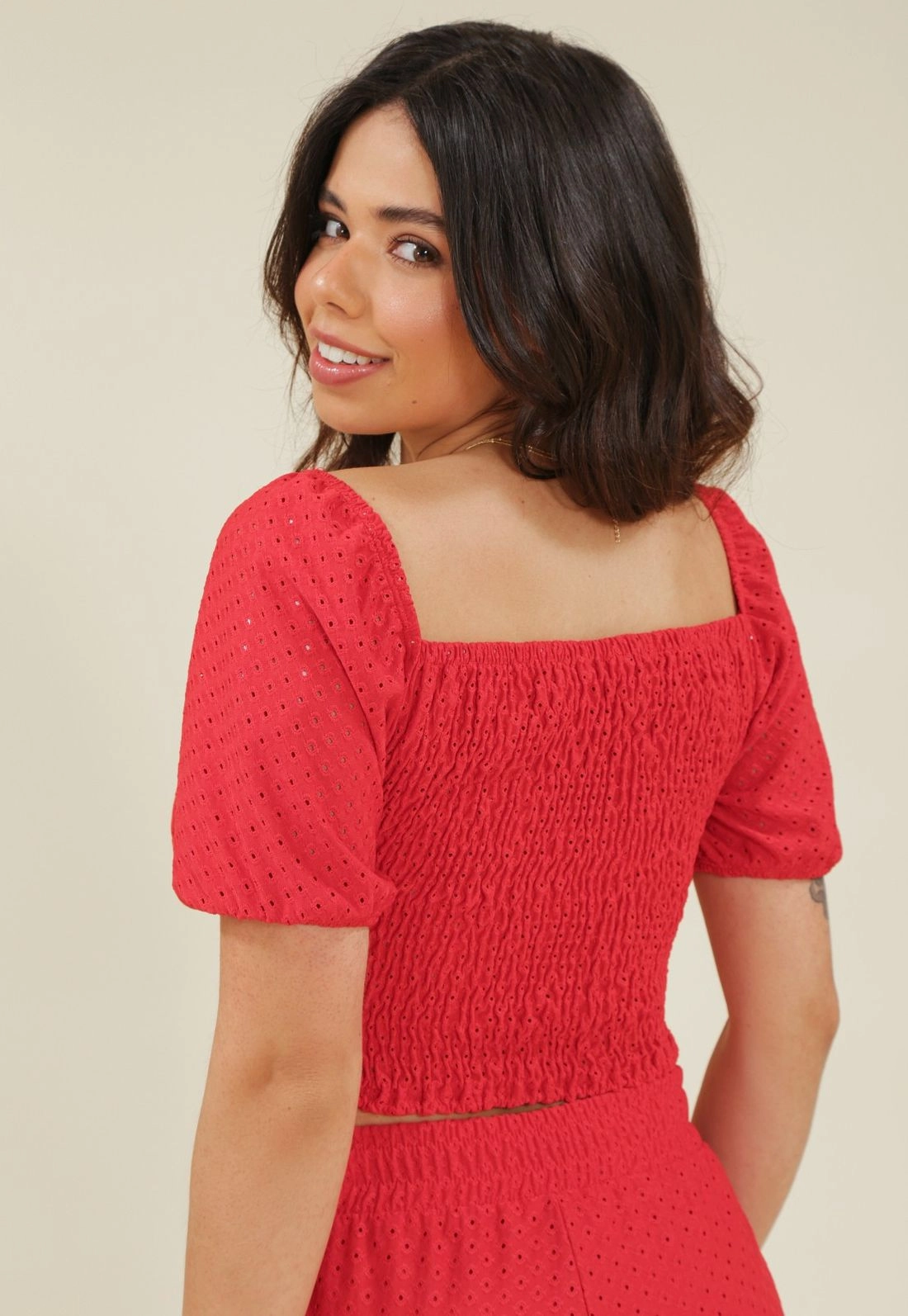 Blusa Malha Laise Lastex Manga Curta