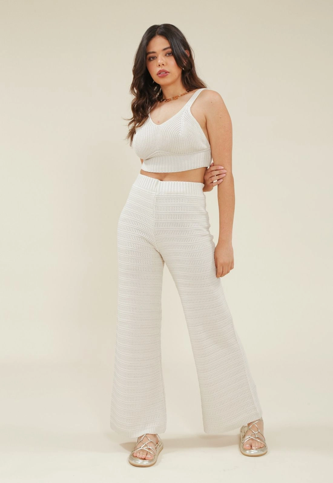 Calca Wide Leg Trico Canelado