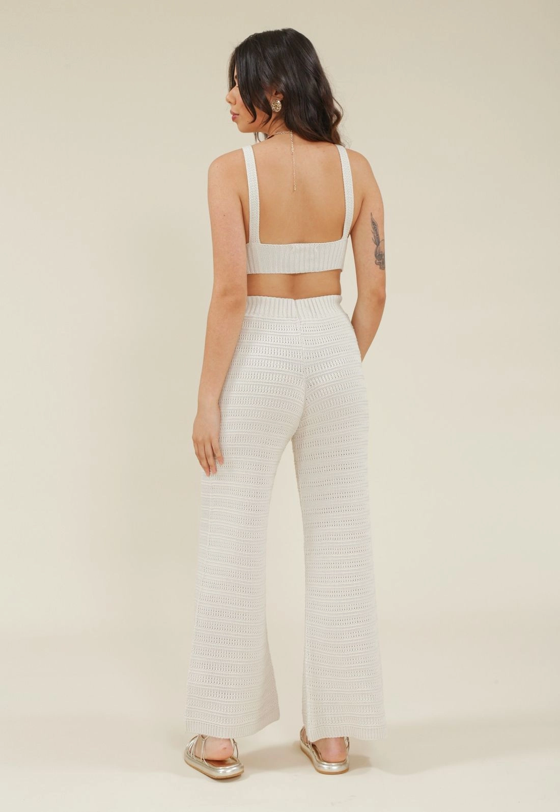 Calca Wide Leg Trico Canelado