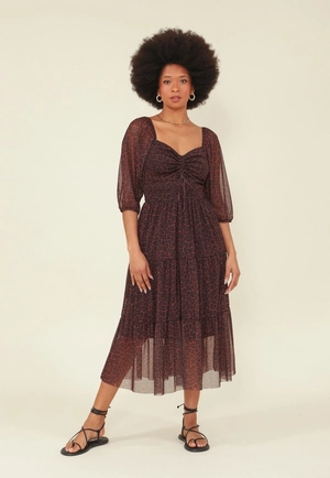 Vestido Midi Em Tule Estampado A. Print Com Franzido No Decote