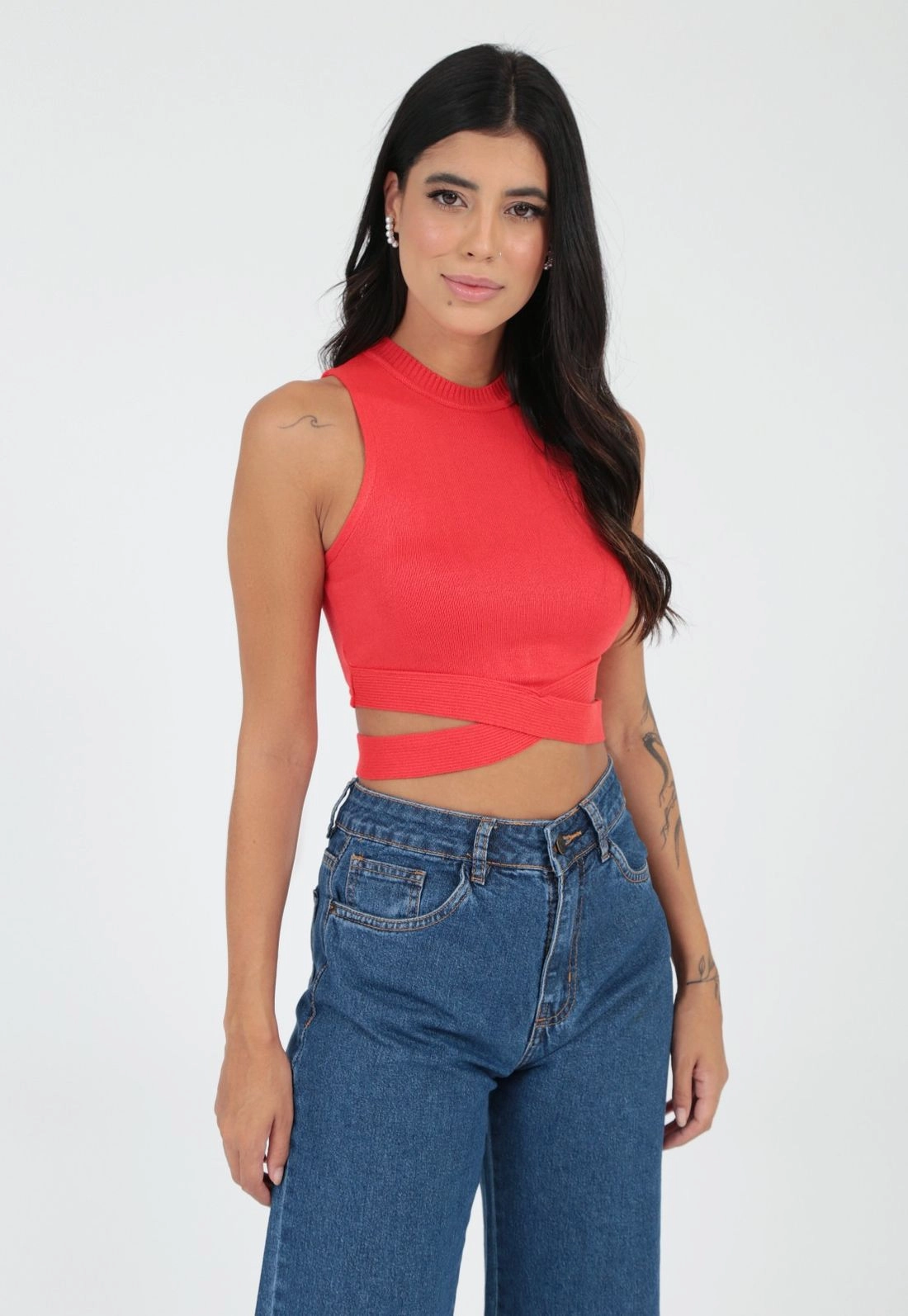 Blusa Cropped Tricô Faixa Cintura
