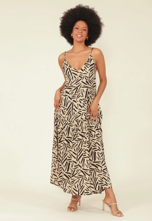 Vestido Midi Com Alças Em Viscose Estampado Folhagem Bicolor