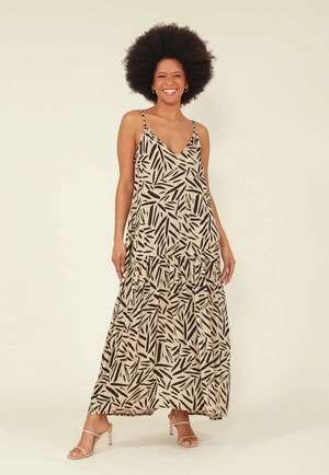 Vestido Midi Com Alças Em Viscose Estampado Folhagem Bicolor