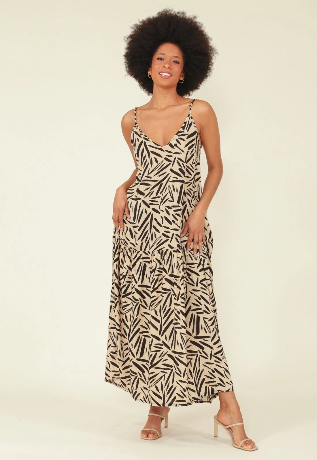 Vestido Midi Com Alças Em Viscose Estampado Folhagem Bicolor