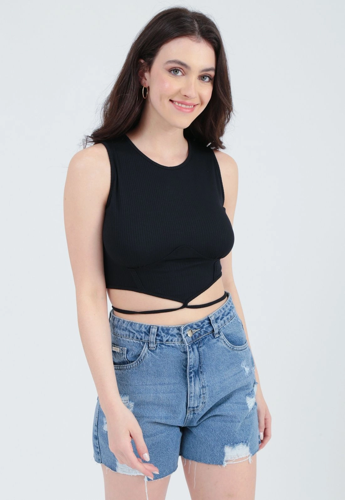 Shorts Jeans Azul Médio Barra Laser