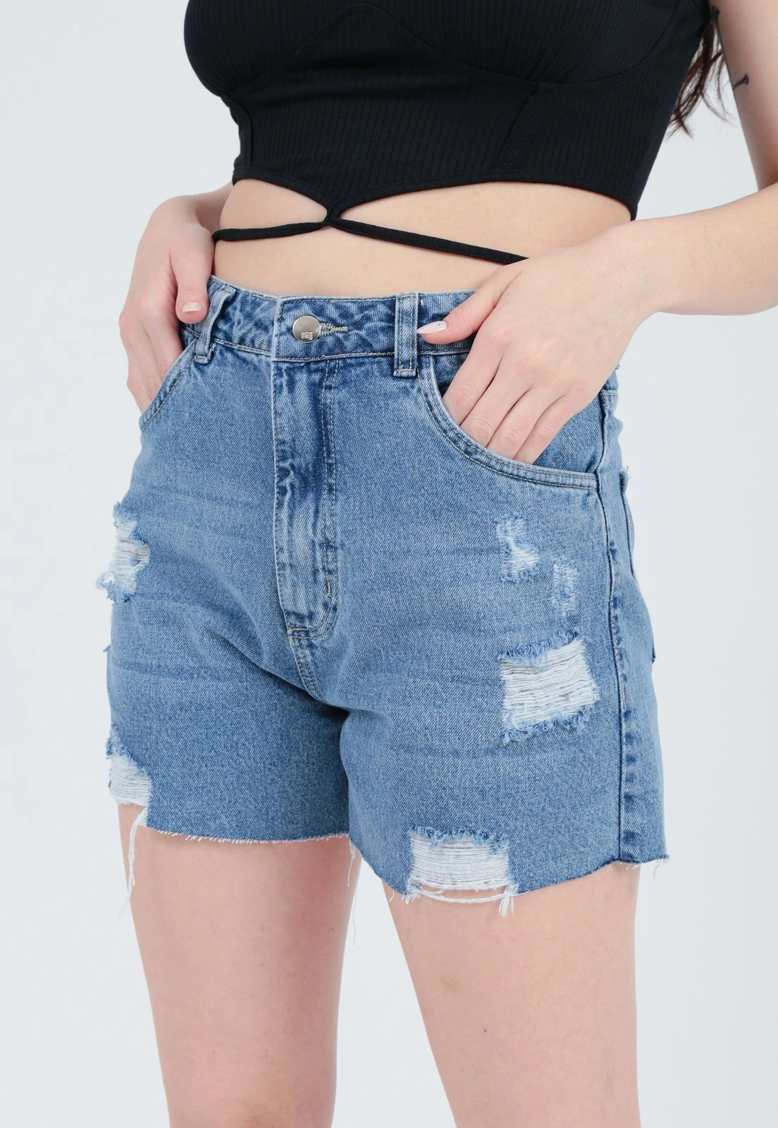 Shorts Jeans Azul Médio Barra Laser