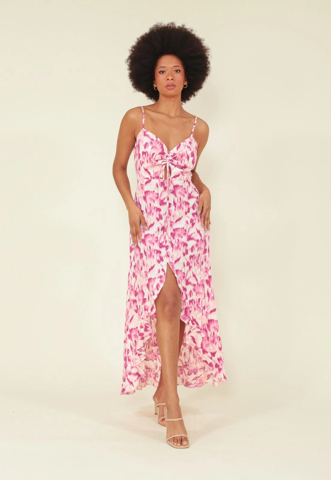 Vestido Midi Alca Com Babado Frente Em Viscolinho Floral
