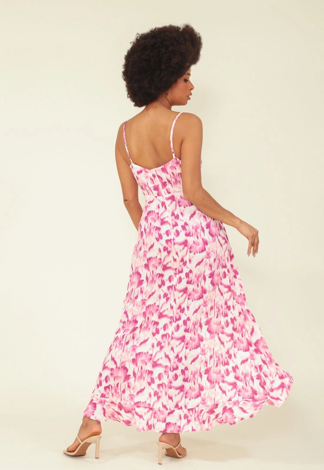 Vestido Midi Alca Com Babado Frente Em Viscolinho Floral