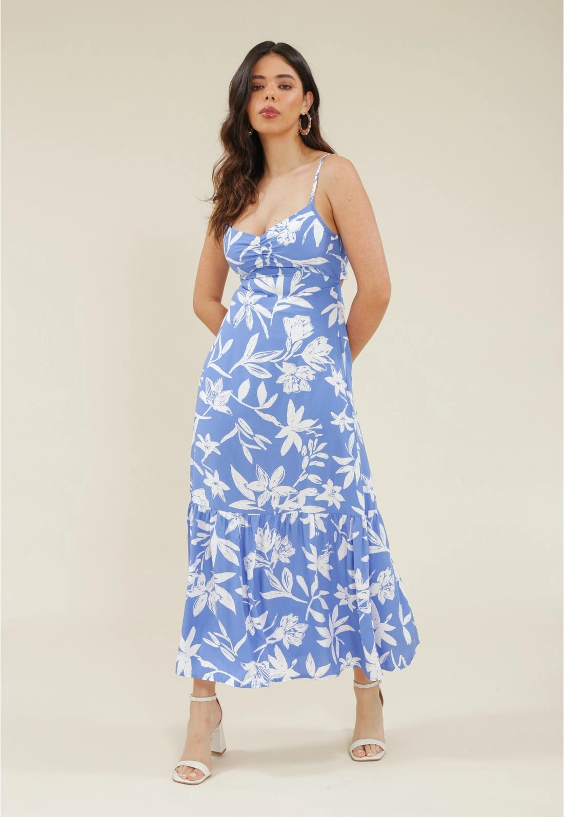 Vest Midi Em Viscose Estampado Com Alca E Recorte Na Saia