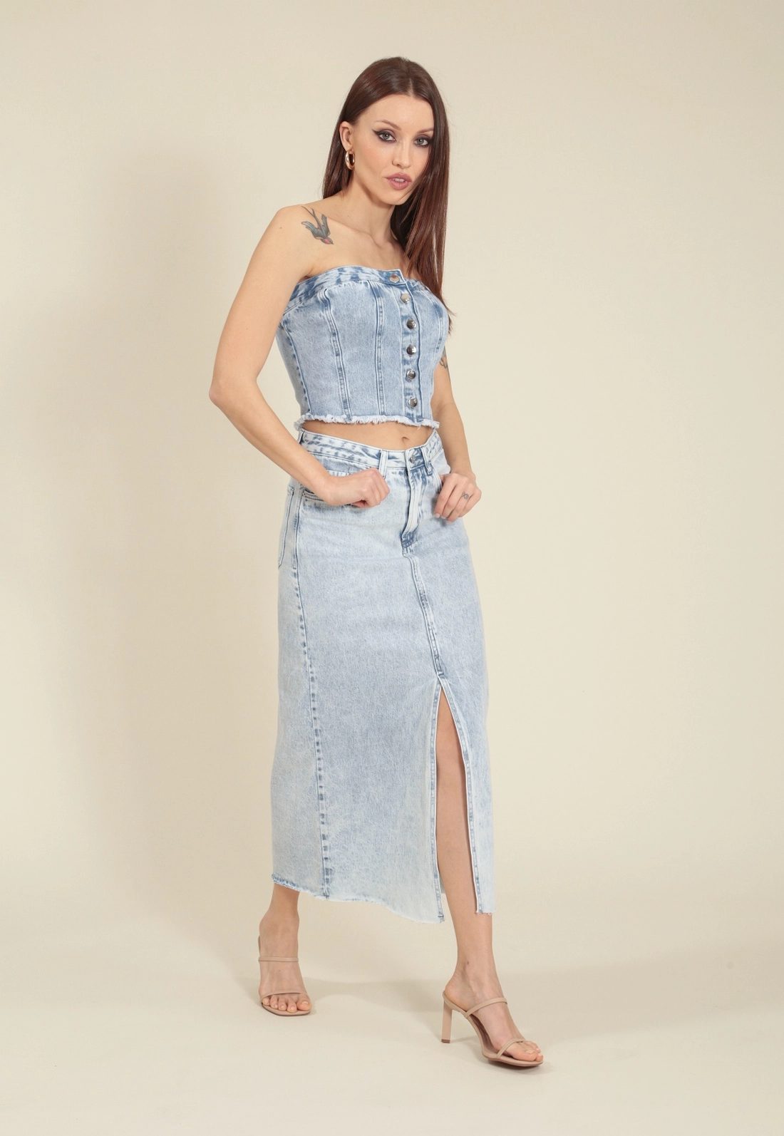 Saia Jeans Midi Fenda Frontal