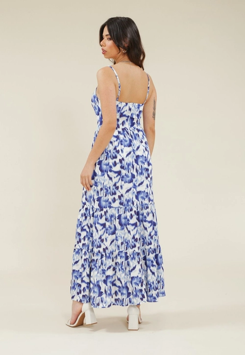 Vestido Longo Em Viscolinho Estampado Floral Com Alca E Recortes