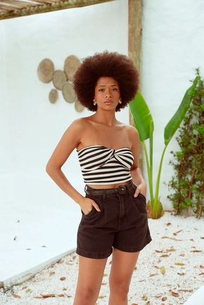 Blusa Cropped Tomara Que Caia Em Malha Listrada Com Busto Torcido
