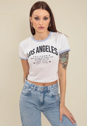 Blusa Cropped Em Cotton Com Manga Curta E Estampa Los Angeles