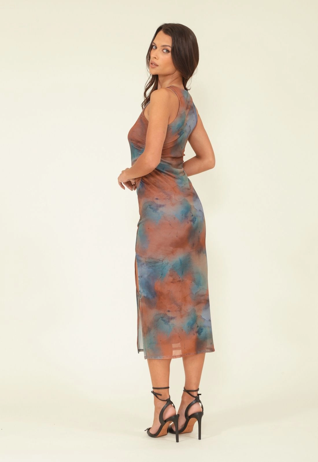 Vestido Em Tule Estampa Tie Dye Midi Fenda Frontal