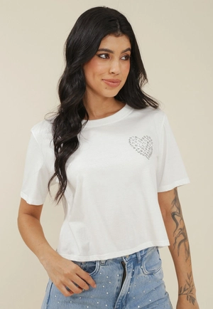 Blusa M/C Com Hot Fix Coração Em Meia Malha